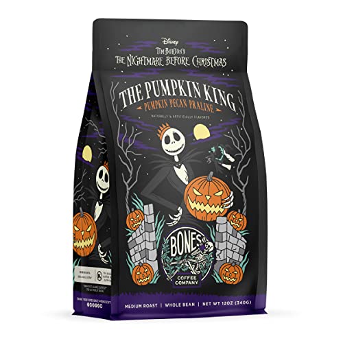 Bones Coffee Company Pumpkin King Flavored Ground Coffee Beans Pumpkin Pecan Praline | 12 oz Arabica Low Acid Coffee | Gourmet Coffee From Disney Tim Burton's The Nightmare Before Christmas (Ground)