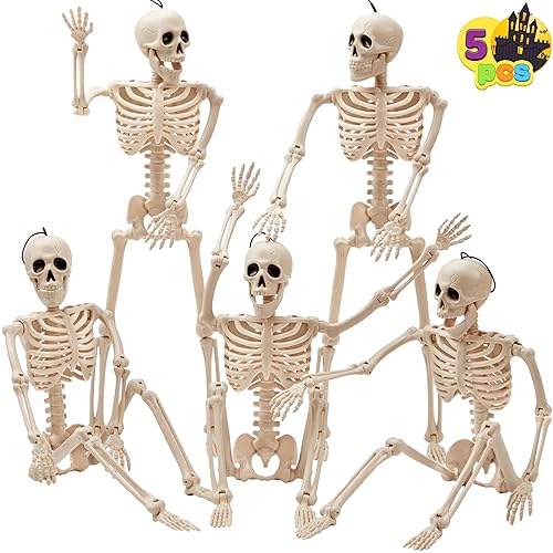 JOYIN 5 PCS Posable Halloween Skeletons 16 Inches Full Body Posable Joints Hanging Skeletons for Graveyard Decorations, Haunted House Accessories, Spooky Scene Party Favors