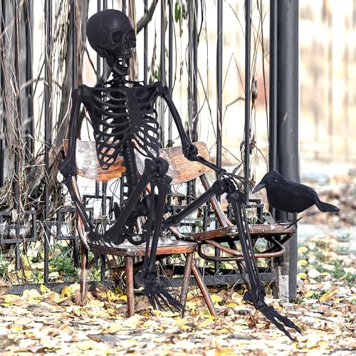 5.4Ft Halloween Skeleton,Posable Skeleton Full Size Skeleton with Movable Joints and 2PC Black Feathered Crows for Halloween Decorations Outside and Inside