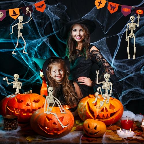 Kelool 1 Pack Halloween Skeleton Decorations, 15.7" Halloween Full Body Mini Skeleton with Movable Posable Bones,Spooky Skeleton for Halloween Party Decor, Halloween Yard Graveyard Haunted House Props
