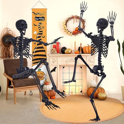 5.4Ft Halloween Skeleton,Posable Skeleton Full Size Skeleton with Movable Joints and 2PC Black Feathered Crows for Halloween Decorations Outside and Inside