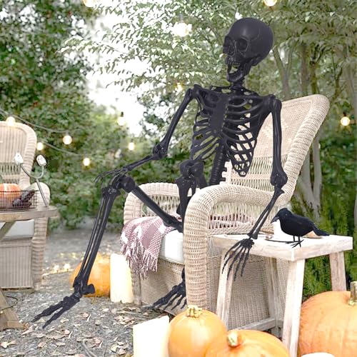 5.4Ft Halloween Skeleton,Posable Skeleton Full Size Skeleton with Movable Joints and 2PC Black Feathered Crows for Halloween Decorations Outside and Inside