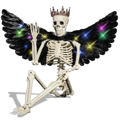 36" Skeleton Halloween Decorations outdoor/indoor,Halloween Party Decorations, 3FT Realistic life size skeleton with wings,Full body poseable skeleton decor,halloween decorations for Home Porch Yard.