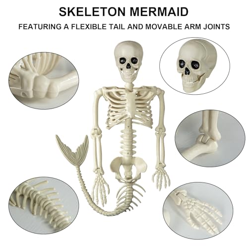 Pipilily 38 Inches Halloween Mermaid Skeleton, 1 Pcs Halloween Skeleton Mermaid with Posable Movable Joints and Soft Tail for Halloween Decoration Decor Spooky Scene Party Favors
