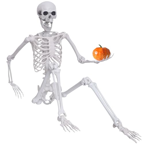 Halloween Skeleton Decor,5.4ft Life Size Skeleton Posable Skeleton with Artificial Pumpkin Full Body Human Skeleton for Halloween Decorations