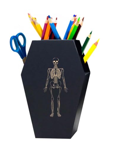 TOSOENPHY Spooky Halloween Coffin Pen Holder with Etched Skeleton for Gothic Office Desk Decor, Goth Desk Accessories, Gothic Home Decor 5.2 x 3.5inch