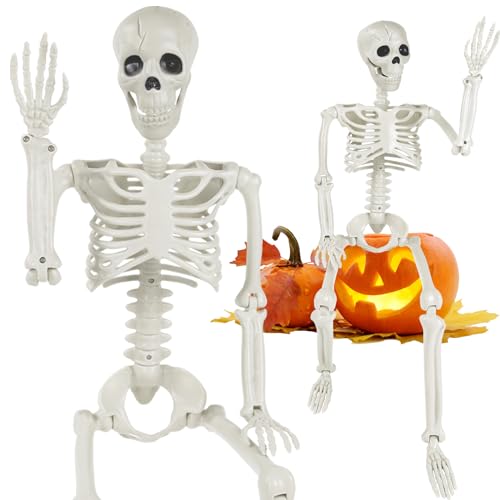 YUJUN 36'' Halloween Skeleton Decorations, 3ft Full Body Posable Skeleton Realistic Plastic Bones Movable Joints for Halloween Party Yard Haunted House Props Indoor Outdoor Decor