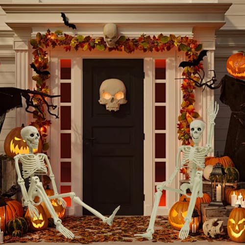 LUKBERA 2PCS Halloween Posable Skeletons, 3FT Full Body Human Skeleton with Movable Joints for Halloween Haunted House Graveyard Party Scary Decor, White