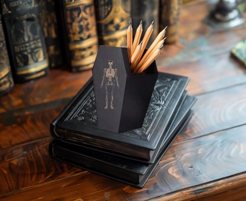 TOSOENPHY Spooky Halloween Coffin Pen Holder with Etched Skeleton for Gothic Office Desk Decor, Goth Desk Accessories, Gothic Home Decor 5.2 x 3.5inch