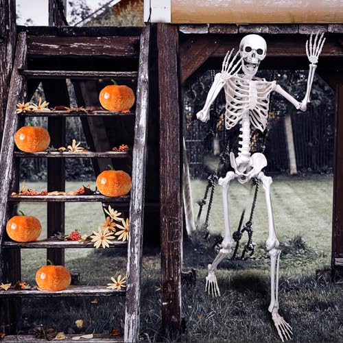 Halloween Skeleton Decor,5.4ft Life Size Skeleton Posable Skeleton with Artificial Pumpkin Full Body Human Skeleton for Halloween Decorations