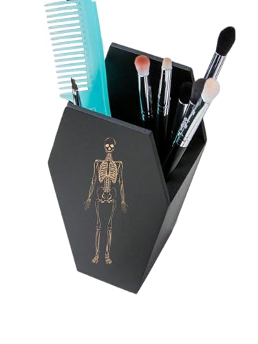 TOSOENPHY Spooky Halloween Coffin Pen Holder with Etched Skeleton for Gothic Office Desk Decor, Goth Desk Accessories, Gothic Home Decor 5.2 x 3.5inch