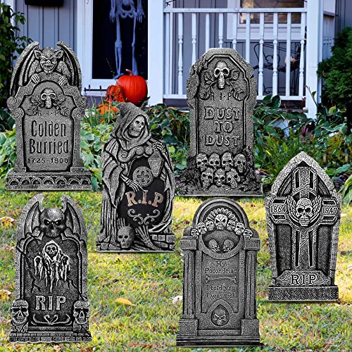 6 Styles Halloween Tombstone Yard Stakes Signs Graveyard Tombstones Yard Signs Corrugated Rip Tombstones Halloween Sign with Stakes Signs for Halloween Props Lawn Decorations (27 Inch Tall)