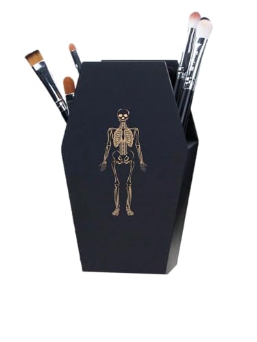 TOSOENPHY Spooky Halloween Coffin Pen Holder with Etched Skeleton for Gothic Office Desk Decor, Goth Desk Accessories, Gothic Home Decor 5.2 x 3.5inch