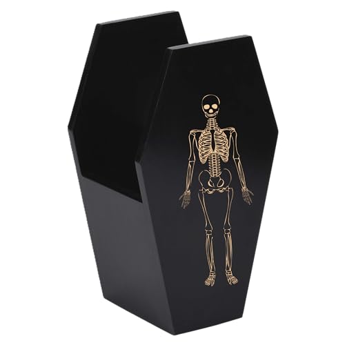 TOSOENPHY Spooky Halloween Coffin Pen Holder with Etched Skeleton for Gothic Office Desk Decor, Goth Desk Accessories, Gothic Home Decor 5.2 x 3.5inch