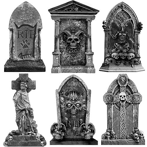 27 Inch Halloween Graveyard Tombstones Yard Stakes Signs Large 6 Styles Outdoor Headstones for Cemetery Halloween RIP Graveyard Tombstones Outdoor Props Yard Decorations With Metal Stakes