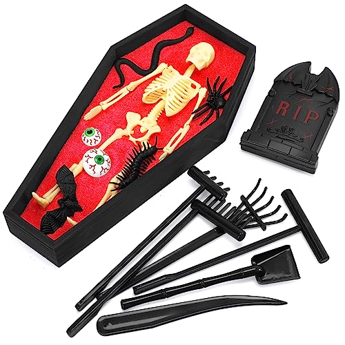 Huray Rayho Halloween Coffin Zen Garden with Buildable Skeleton Red Sand and Black Rake for Home or Office Handcrafted Relaxation and Meditation Gothic Decor Gift of Serenity gothic garden decor