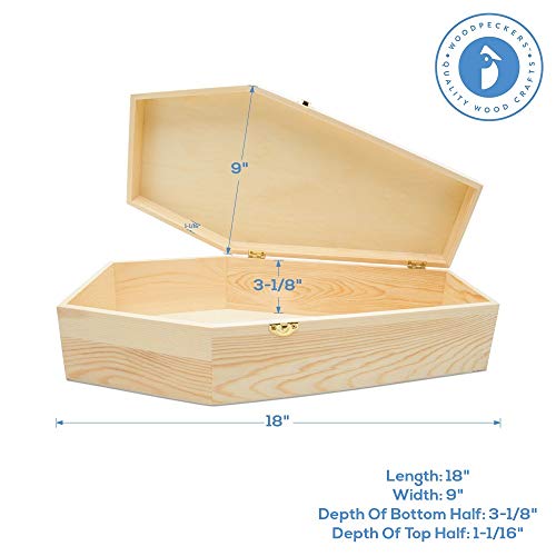 Woodpeckers Large Halloween Coffin Box Unfinished Wood, 18 inch, 1-Pack, for Halloween Crafts, Gift Box, Party Décor, or Pet Casket