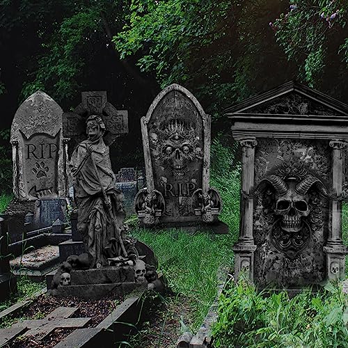 27 Inch Halloween Graveyard Tombstones Yard Stakes Signs Large 6 Styles Outdoor Headstones for Cemetery Halloween RIP Graveyard Tombstones Outdoor Props Yard Decorations With Metal Stakes