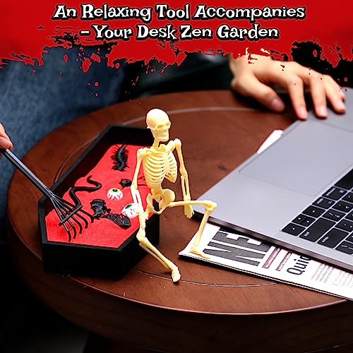 Huray Rayho Halloween Coffin Zen Garden with Buildable Skeleton Red Sand and Black Rake for Home or Office Handcrafted Relaxation and Meditation Gothic Decor Gift of Serenity gothic garden decor