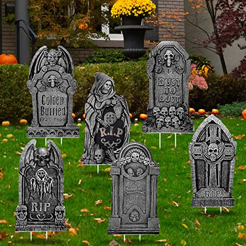 6 Styles Halloween Tombstone Yard Stakes Signs Graveyard Tombstones Yard Signs Corrugated Rip Tombstones Halloween Sign with Stakes Signs for Halloween Props Lawn Decorations (27 Inch Tall)