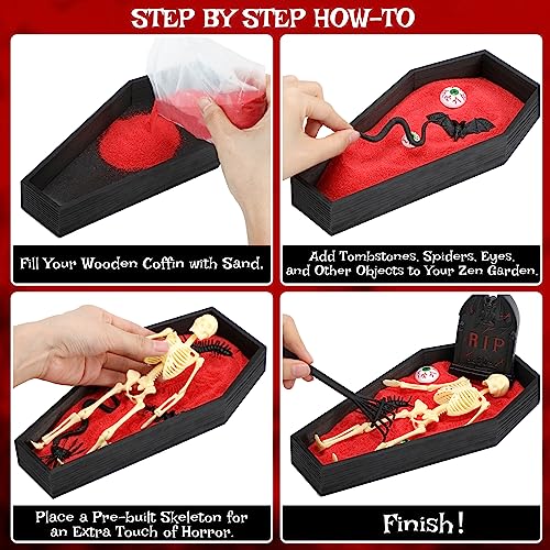 Huray Rayho Halloween Coffin Zen Garden with Buildable Skeleton Red Sand and Black Rake for Home or Office Handcrafted Relaxation and Meditation Gothic Decor Gift of Serenity gothic garden decor
