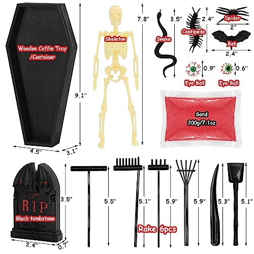 Huray Rayho Halloween Coffin Zen Garden with Buildable Skeleton Red Sand and Black Rake for Home or Office Handcrafted Relaxation and Meditation Gothic Decor Gift of Serenity gothic garden decor
