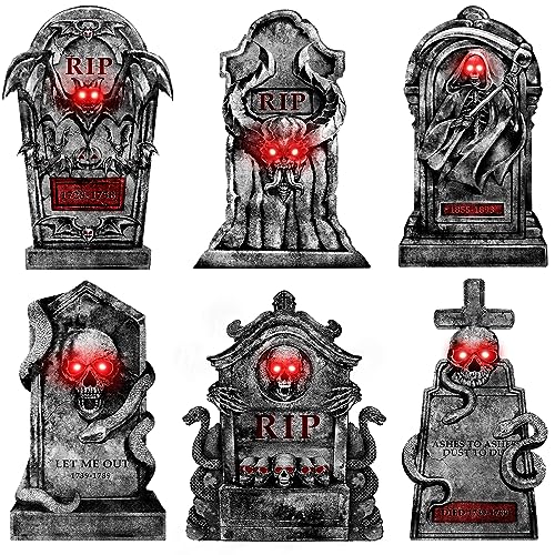 Outdoor Halloween Decorations Graveyard Tombstones: 6ct Large Halloween Headstone Yard Signs with Stakes, Red LED Lights in Eyes, 16" Scary Skeleton RIP Gravestone Decor for Home, Battery NOT Included