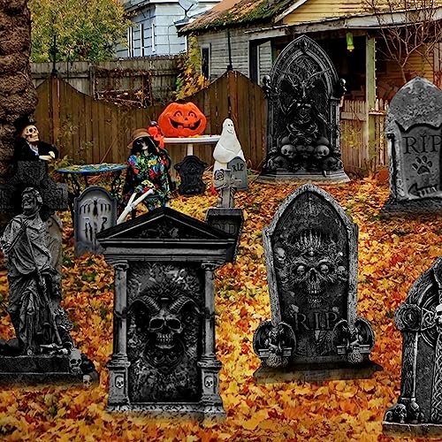 27 Inch Halloween Graveyard Tombstones Yard Stakes Signs Large 6 Styles Outdoor Headstones for Cemetery Halloween RIP Graveyard Tombstones Outdoor Props Yard Decorations With Metal Stakes