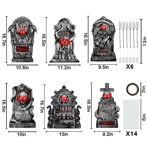 Outdoor Halloween Decorations Graveyard Tombstones: 6ct Large Halloween Headstone Yard Signs with Stakes, Red LED Lights in Eyes, 16" Scary Skeleton RIP Gravestone Decor for Home, Battery NOT Included