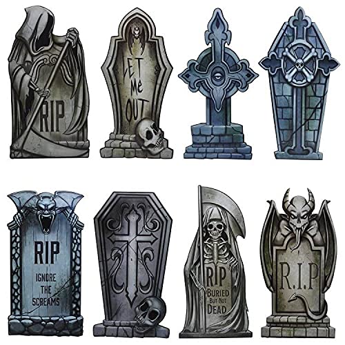 JOYIN 8 Pack Halloween Tombstone Yard Decorations, 16.5" Tall Lightweight PVC Yard Signs for Halloween Party, Haunted House, Graveyard and Outdoor Lawn