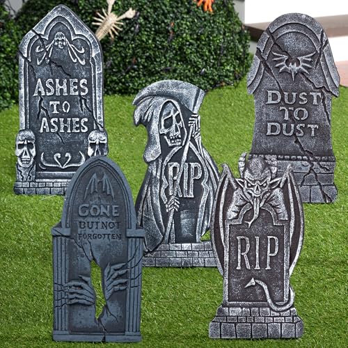 JOYIN 17” Halloween Foam RIP Graveyard Tombstones Decorations (5 Pack), Headstone Decorations and 10 Bonus Metal Stakes for Halloween Yard Decorations