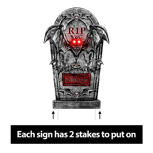 Outdoor Halloween Decorations Graveyard Tombstones: 6ct Large Halloween Headstone Yard Signs with Stakes, Red LED Lights in Eyes, 16" Scary Skeleton RIP Gravestone Decor for Home, Battery NOT Included