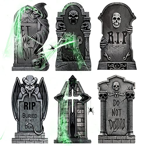 Runwosen 9 Pcs Halloween Tombstones Graveyard, Plastic Tombstone Halloween Decorations Yard Signs include 6 Tombstones and 1 Fluorescent Spider Web & 2 Spiders with Stakes for Halloween Yard Decor