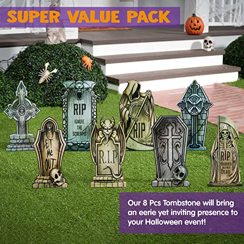 JOYIN 8 Pack Halloween Tombstone Yard Decorations, 16.5" Tall Lightweight PVC Yard Signs for Halloween Party, Haunted House, Graveyard and Outdoor Lawn