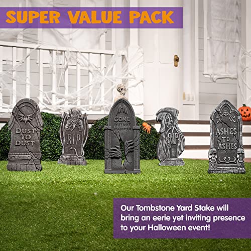 JOYIN 17” Halloween Foam RIP Graveyard Tombstones Decorations (5 Pack), Headstone Decorations and 10 Bonus Metal Stakes for Halloween Yard Decorations