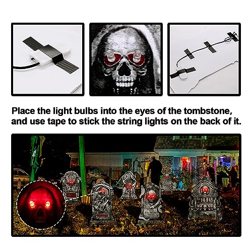Outdoor Halloween Decorations Graveyard Tombstones: 6ct Large Halloween Headstone Yard Signs with Stakes, Red LED Lights in Eyes, 16" Scary Skeleton RIP Gravestone Decor for Home, Battery NOT Included
