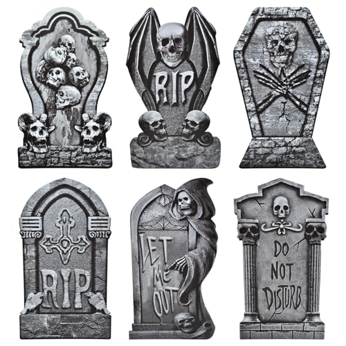 PhyLence 6-Piece Halloween Tombstone Yard Signs with Stakes - Large Eerie Graveyard Design, Spooky Skulls and RIP Messages for Haunted House, Outdoor Garden, Lawn Decor, Halloween Party Props
