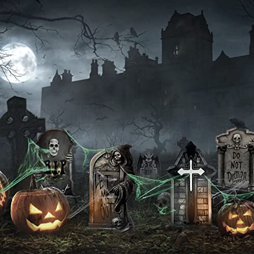Runwosen 9 Pcs Halloween Tombstones Graveyard, Plastic Tombstone Halloween Decorations Yard Signs include 6 Tombstones and 1 Fluorescent Spider Web & 2 Spiders with Stakes for Halloween Yard Decor