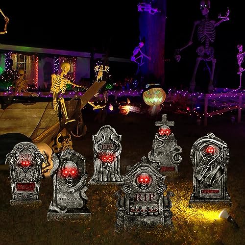 Outdoor Halloween Decorations Graveyard Tombstones: 6ct Large Halloween Headstone Yard Signs with Stakes, Red LED Lights in Eyes, 16" Scary Skeleton RIP Gravestone Decor for Home, Battery NOT Included