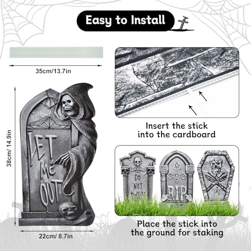 PhyLence 6-Piece Halloween Tombstone Yard Signs with Stakes - Large Eerie Graveyard Design, Spooky Skulls and RIP Messages for Haunted House, Outdoor Garden, Lawn Decor, Halloween Party Props