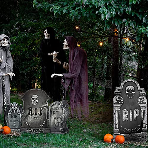 Runwosen 9 Pcs Halloween Tombstones Graveyard, Plastic Tombstone Halloween Decorations Yard Signs include 6 Tombstones and 1 Fluorescent Spider Web & 2 Spiders with Stakes for Halloween Yard Decor
