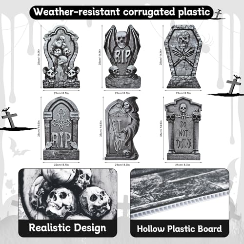 PhyLence 6-Piece Halloween Tombstone Yard Signs with Stakes - Large Eerie Graveyard Design, Spooky Skulls and RIP Messages for Haunted House, Outdoor Garden, Lawn Decor, Halloween Party Props