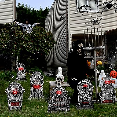 Outdoor Halloween Decorations Graveyard Tombstones: 6ct Large Halloween Headstone Yard Signs with Stakes, Red LED Lights in Eyes, 16" Scary Skeleton RIP Gravestone Decor for Home, Battery NOT Included
