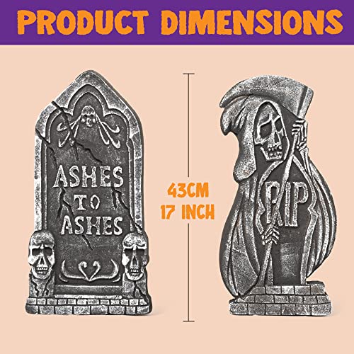 JOYIN 17” Halloween Foam RIP Graveyard Tombstones Decorations (5 Pack), Headstone Decorations and 10 Bonus Metal Stakes for Halloween Yard Decorations