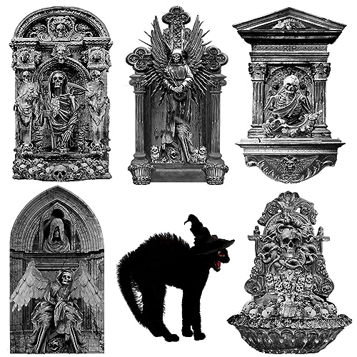 19 Inch Halloween Graveyard Tombstones Yard Stakes Signs Large 6 Styles Outdoor Headstones With Black Cat for Cemetery Halloween RIP Graveyard