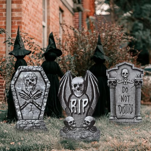 PhyLence 6-Piece Halloween Tombstone Yard Signs with Stakes - Large Eerie Graveyard Design, Spooky Skulls and RIP Messages for Haunted House, Outdoor Garden, Lawn Decor, Halloween Party Props