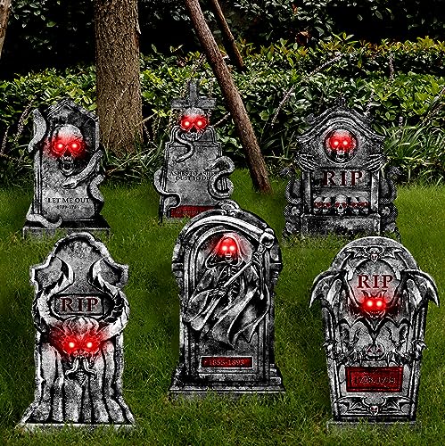 Outdoor Halloween Decorations Graveyard Tombstones: 6ct Large Halloween Headstone Yard Signs with Stakes, Red LED Lights in Eyes, 16" Scary Skeleton RIP Gravestone Decor for Home, Battery NOT Included