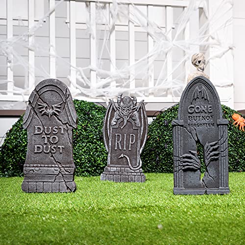 JOYIN 17” Halloween Foam RIP Graveyard Tombstones Decorations (5 Pack), Headstone Decorations and 10 Bonus Metal Stakes for Halloween Yard Decorations