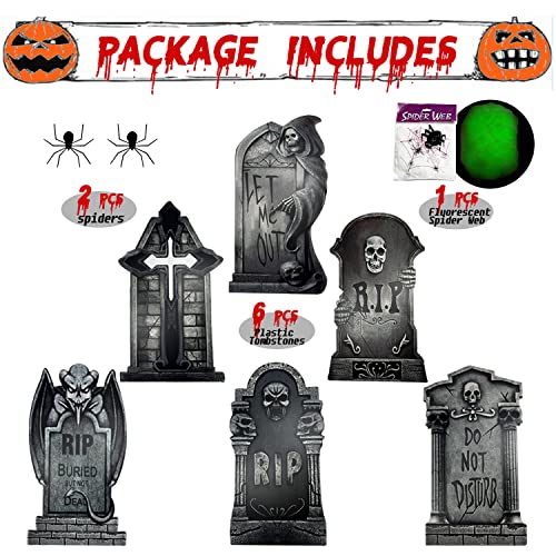 Runwosen 9 Pcs Halloween Tombstones Graveyard, Plastic Tombstone Halloween Decorations Yard Signs include 6 Tombstones and 1 Fluorescent Spider Web & 2 Spiders with Stakes for Halloween Yard Decor