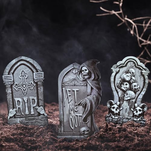 PhyLence 6-Piece Halloween Tombstone Yard Signs with Stakes - Large Eerie Graveyard Design, Spooky Skulls and RIP Messages for Haunted House, Outdoor Garden, Lawn Decor, Halloween Party Props